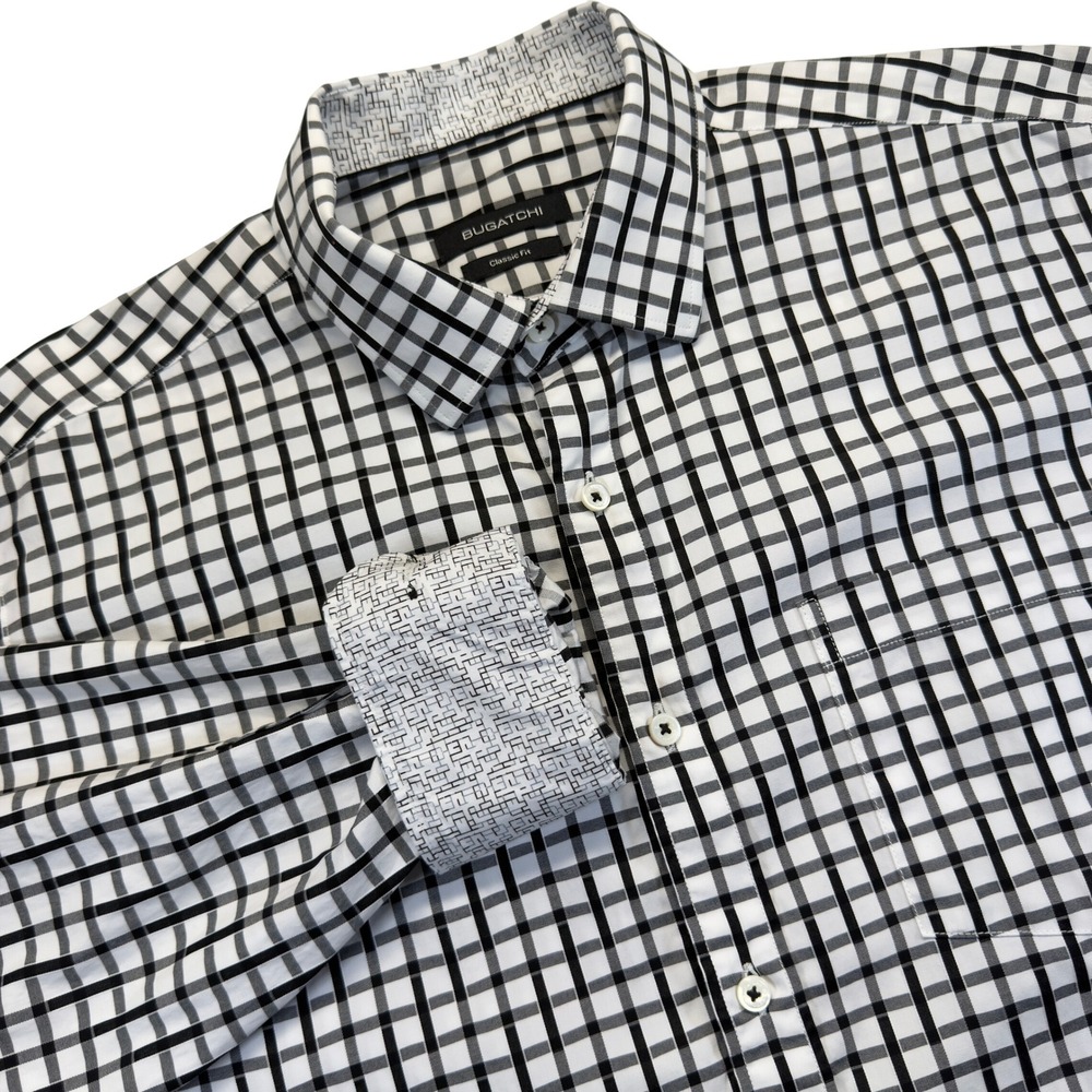 Bugatchi Mens Large Black White Plaid Classic Fit Cotton Contrast Cuff Shirt